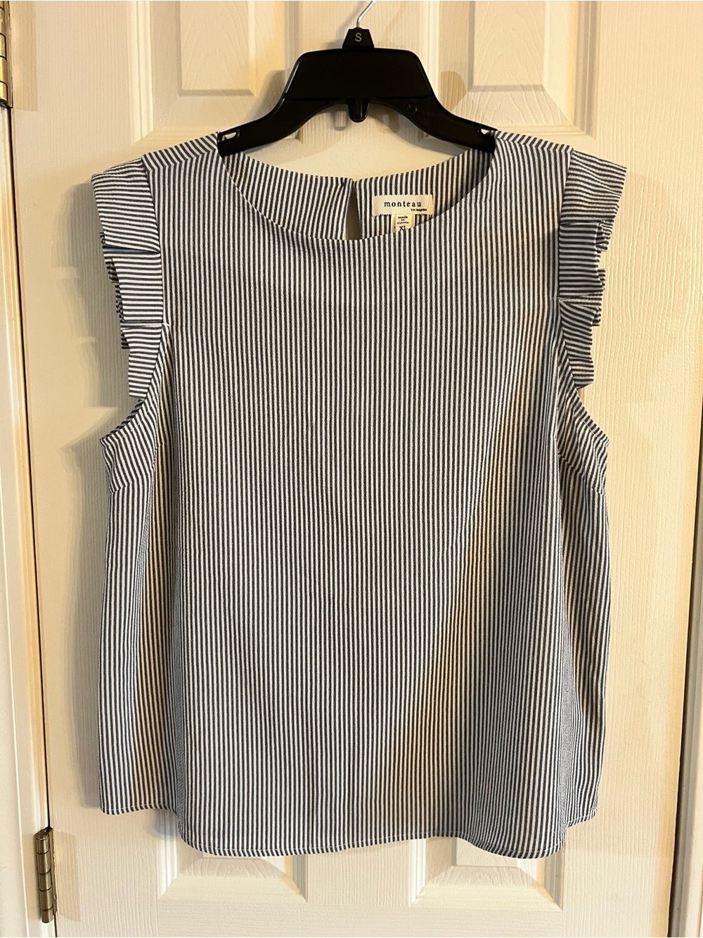 Monteau Navy and White Striped Ruffle Sleeve Shell